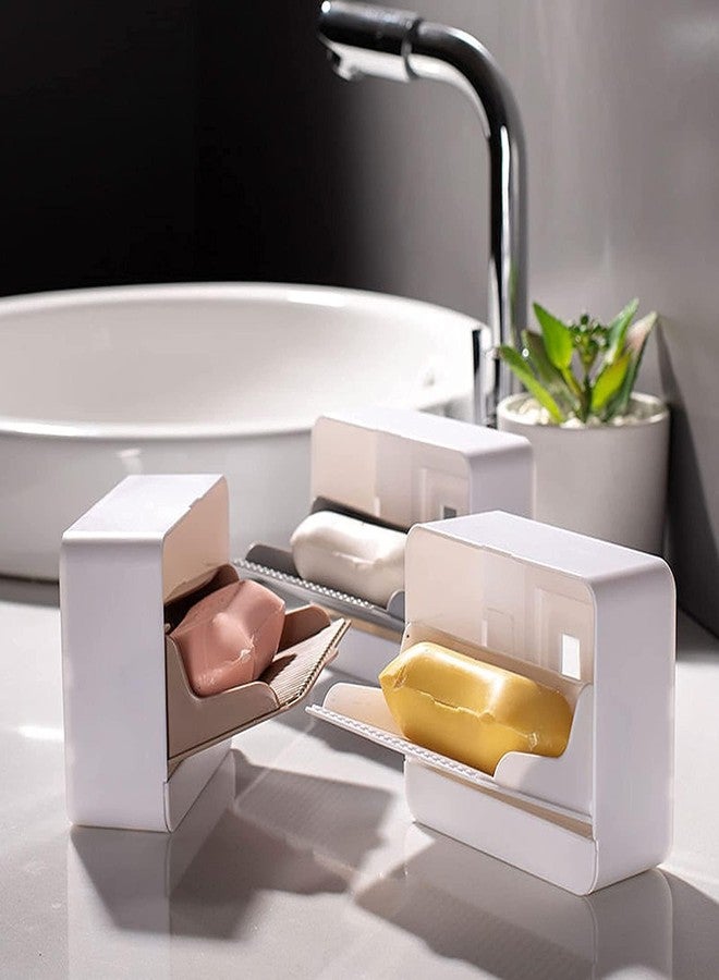 ELMVIA Wall Mounted Double Bar Bathroom Plastic Soap Box Holder Soap Dish with Drainage Box Soap Box with Lid Soap Draining Rack (3 Pcs) - Image 3